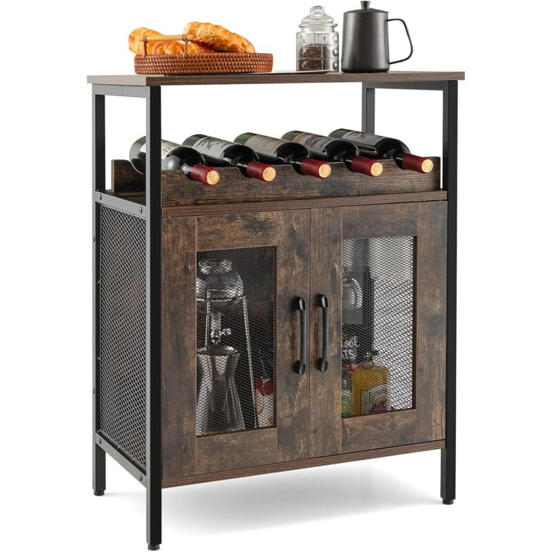 Buffet de Cuisine à 2 Portes en Treillis, avec Placard Porte-verre Porte-bouteilles, 60 x 34 x 79 cm, Marron Rustique - Costway
