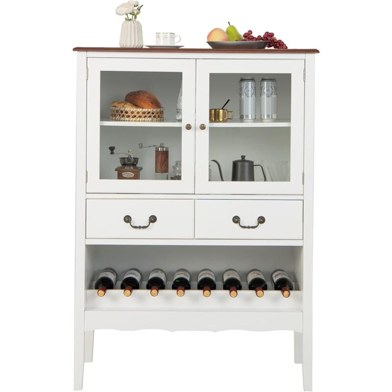 Buffet de Cuisine à 2 Portes Vitrées avec 2 Tiroirs Porte-Bouteilles, Meuble de Rangement Étagère Réglable Dispositif Anti-basculement pour Salon,