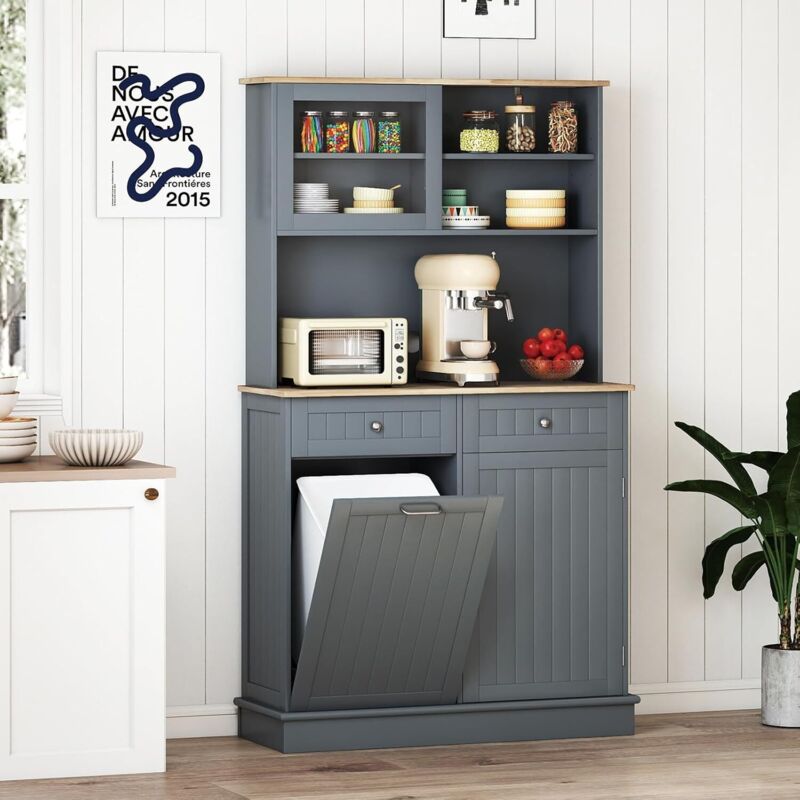 COSTWAY Buffet de Cuisine 2 Tiroirs, Meuble Cuisine avec Plan de Travail en Caoutchouc, Placard Basculant 38 L, Meuble Poubelle Rangement 172 cm,
