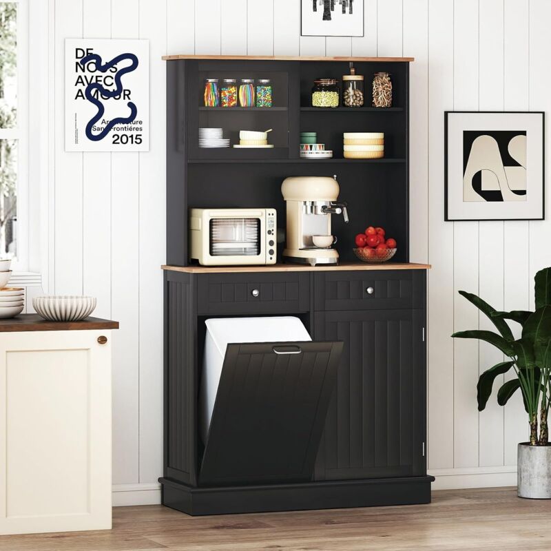 COSTWAY Buffet de Cuisine 2 Tiroirs, Meuble Cuisine avec Plan de Travail en Caoutchouc, Placard Basculant 38 L, Meuble Poubelle Rangement 172 cm,