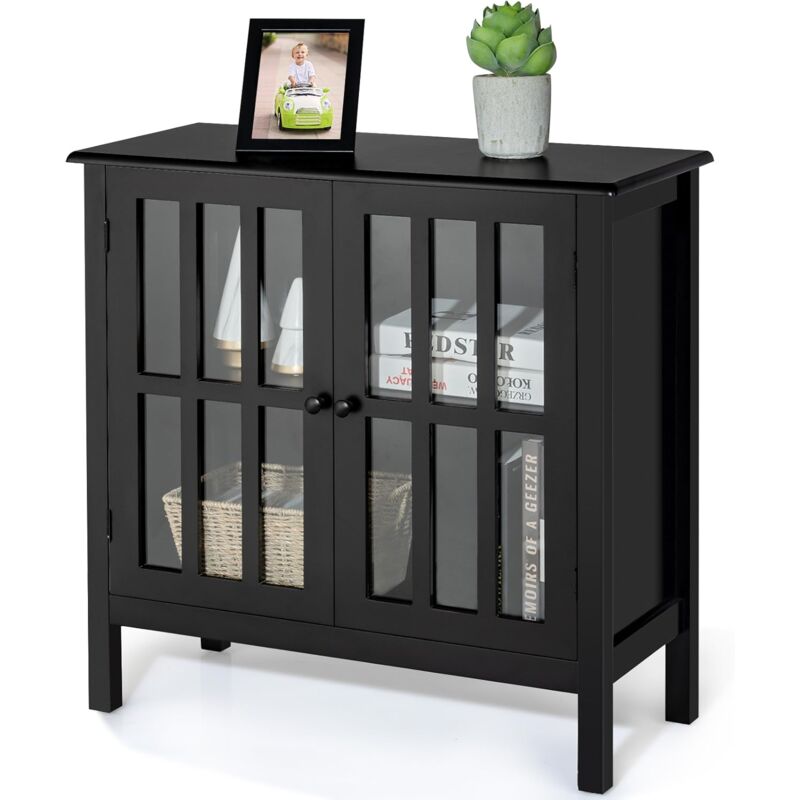 Buffet de Cuisine avec Porte un Verre Trempé 80,5 x 35 x 78 CM de Style Moderne en Bois de Pin Noir - Costway