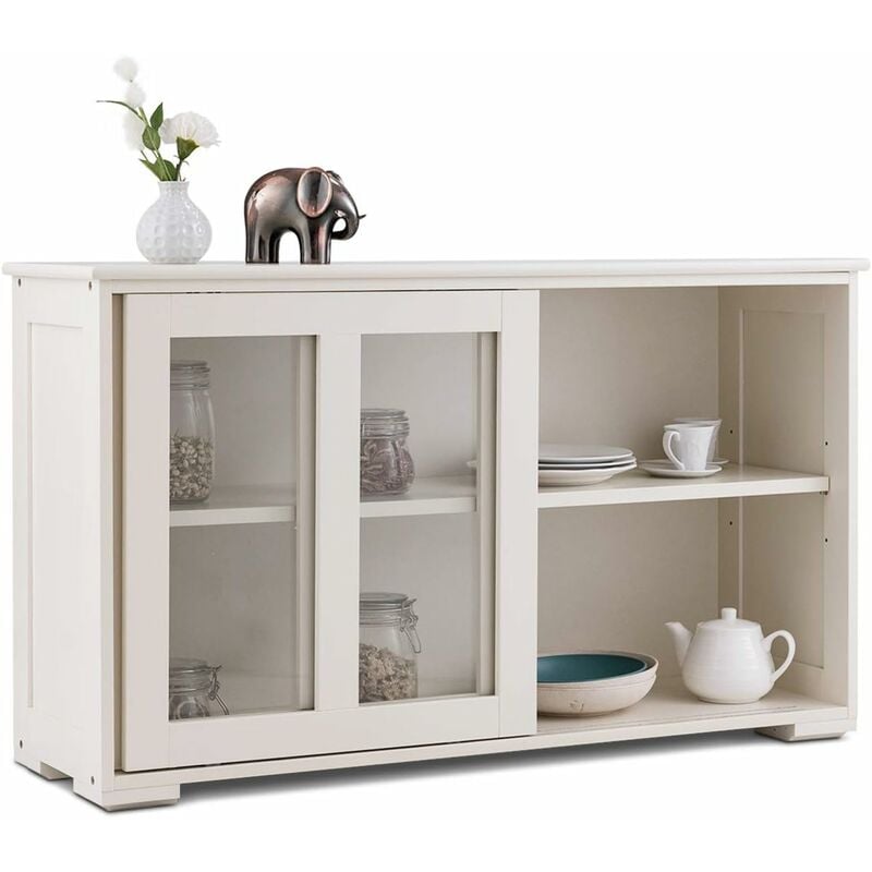 Buffet de Cuisine, Meuble Rangement avec 2 Etagères, Porte Coulissante, Design Simple et Contemporain, Idéal pour Cuisine Chambre Salon, Blanc