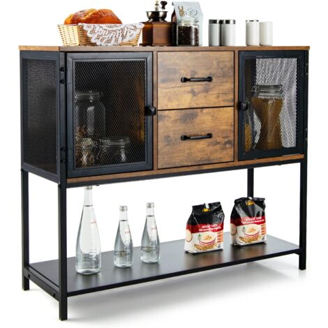 Costway – Buffet industriel en métal avec 2 placards et 2 tiroirs coulissants – Dimensions 100x35x85cm – Surface imperméable et facile à nettoyer – Marron rustique