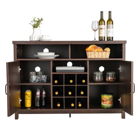 COSTWAY Buffet Storage Cabinet Farmhouse Sideboard w/9-Bottle Wine Rack-Brown