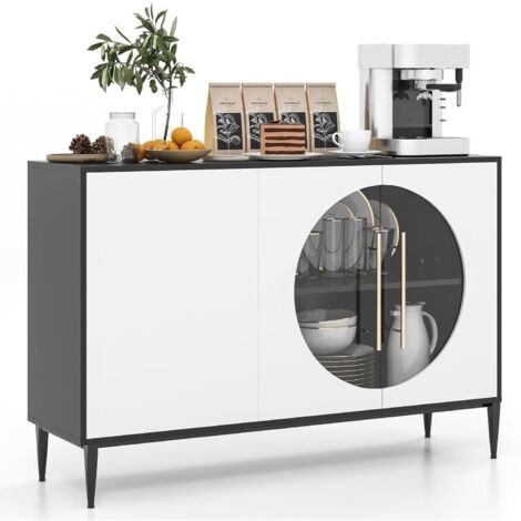 COSTWAY Buffetschrank mit Glastüren & Metallbeinen, Sideboard Weiß + Schwarz, Küchenschrank Holz, Buffet Esskommode für Esszimmer, Küche, Wohnzimmer 120 x 35 x 80 cm