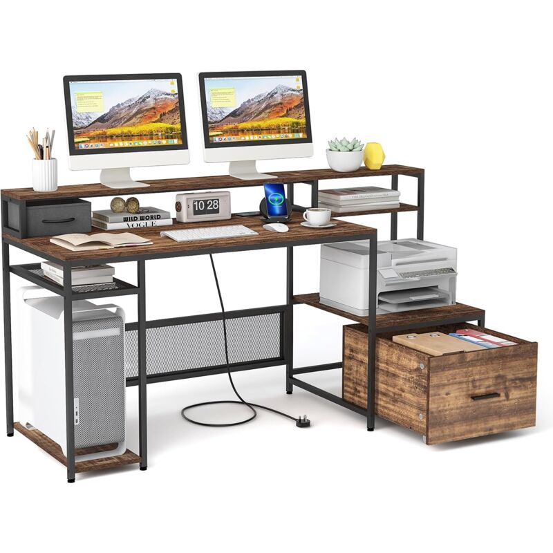 Costway - Bureau 170 x 60 cm, Bureau d'ordinateur avec Support de Moniteur & Support uc, Multiprise 2 Prises 2 Ports usb, Style Industriel, Poste de
