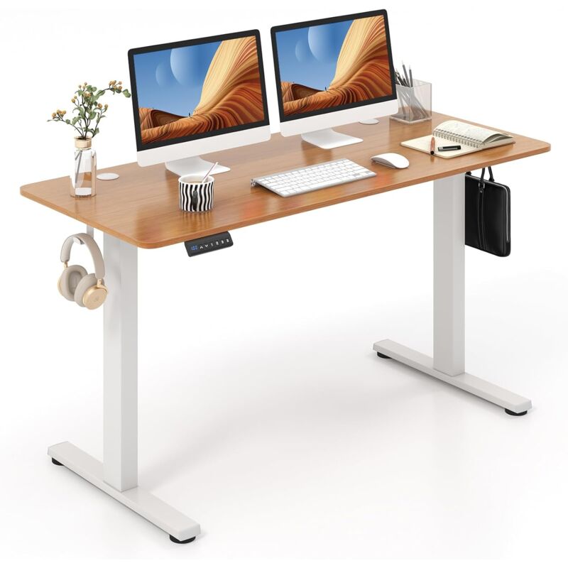 Bureau Assis Debout Électrique 140 x 60 cm, Bureau Électrique Réglable en Hauteur avec Protection Anti-Collision, 3 Hauteurs de Mémoire, Passe-câbles
