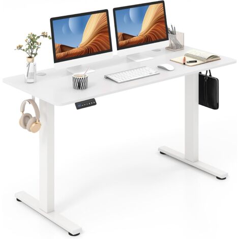 COSTWAY Bureau Assis Debout Électrique 140 x 60 cm, Bureau Électrique Réglable en Hauteur avec Protection Anti-Collision, 3 Hauteurs de Mémoire, Passe-câbles et Crochets (Blanc)