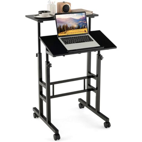 Costway – Bureau assis debout réglable 72-124 cm – 2 niveaux 60x30 cm – Cadre en acier – Roulettes pivotantes 360° – Design ergonomique moderne noir