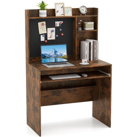 COSTWAY Bureau avec Tableau d'Affichage Magnétique, Bureau à Domicile avec Plateau pour Clavier, Table d'Ecriture Moderne avec Etagère Réglable, Poste de Travail pour Studio, Chambre(Marron)