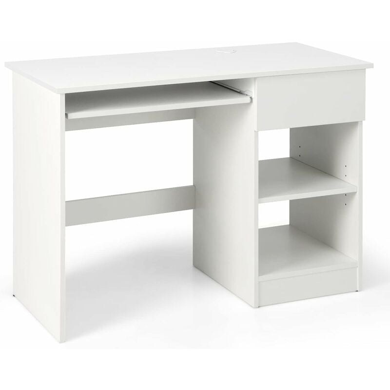 costway - bureau blanc pour ordinateur, bureau informatique avec plateau clavier coulissant et un grand tiroir, étagère réglable & amovible, table de