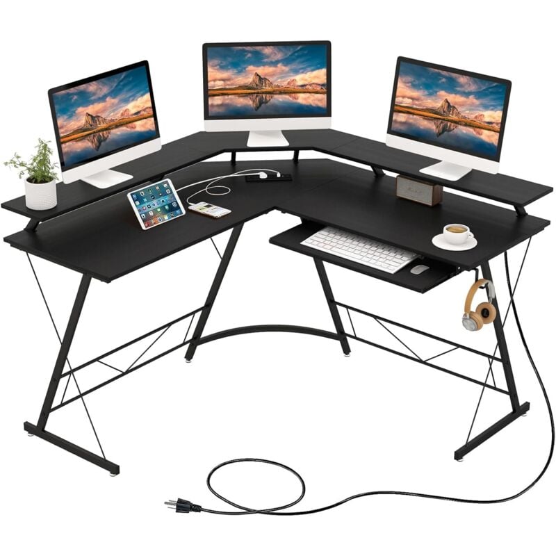 Costway - Bureau d'angle 130 x 130 cm, Bureau d'Ordinateur en Forme de l avec Long Support de Moniteur, Plateau à Clavier, Table Informatique avec 2