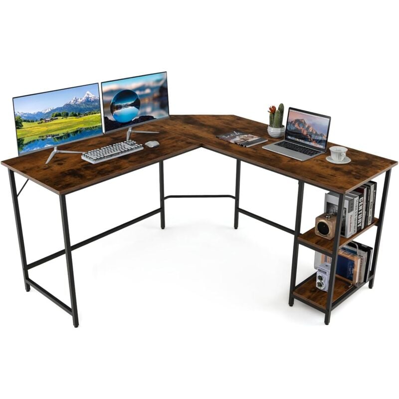 Costway - Bureau d'angle 138 x 138 cm, Bureau d'ordinateur en Forme de l avec Étagère à 2 Niveaux Amovible, Poste de Travail Cadre en Métal,