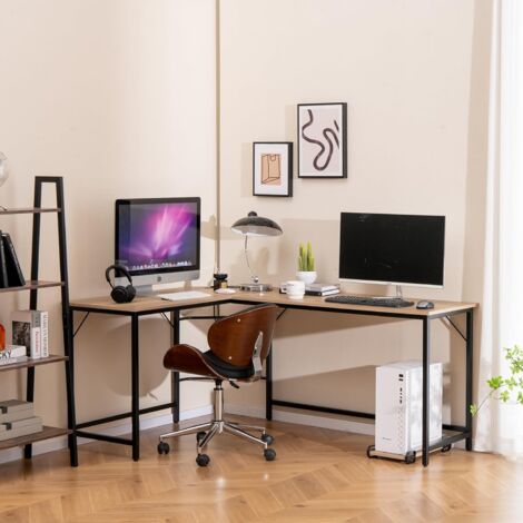 COSTWAY Bureau d'angle 168 x 125 cm, Bureau d'ordinateur en Forme de L avec Support UC, 2 Prises Électriques et Port USB & Type C, Poste de Travail Cadre en Métal (Naturel)
