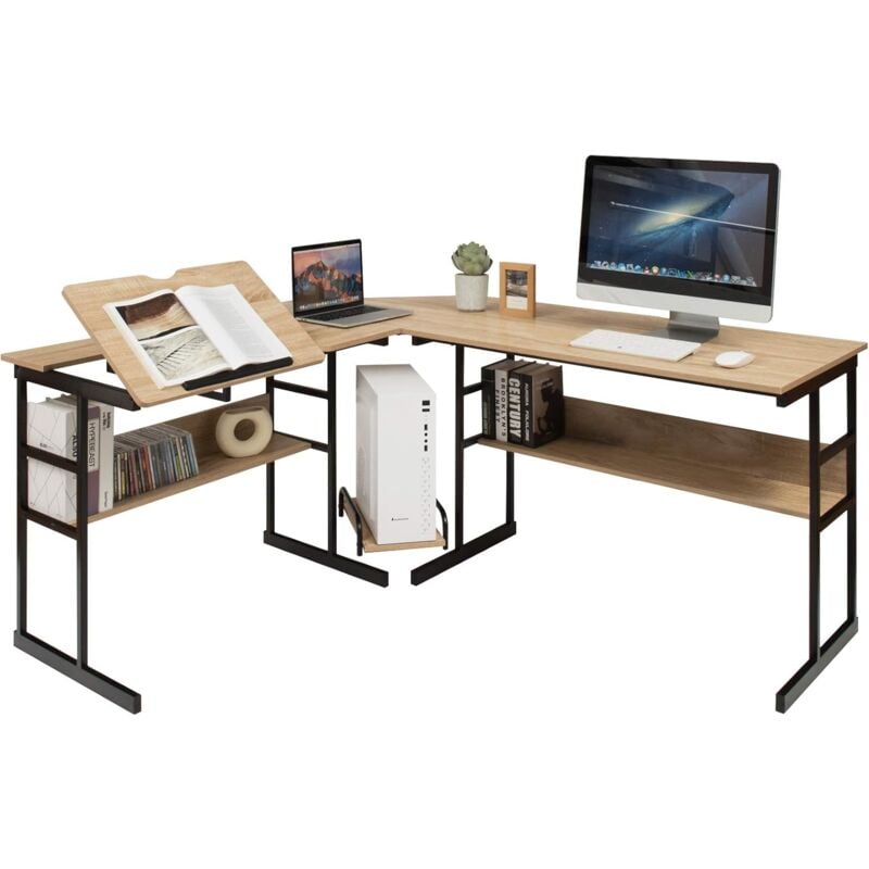 Costway - Bureau d'angle 170 x 150 cm, Bureau en l avec Plateau Inclinable, Étagère de Rangement et Support uc, Poste de Travail Ergonomique pour
