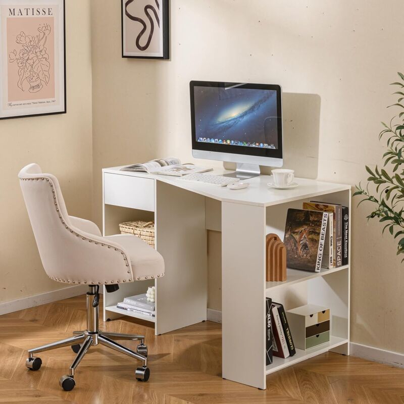 Costway - Bureau d'angle en Forme de l, Bureau Informatique 120 cm avec Tiroir et Étagères de Rangement, Style Moderne & Simple, Gain de Place pour