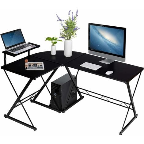 COSTWAY Bureau d'Angle en Forme de L Détachable avec Support pour Moniteur,Compartiment de Rangement 147x112x79CM Industriel Noir