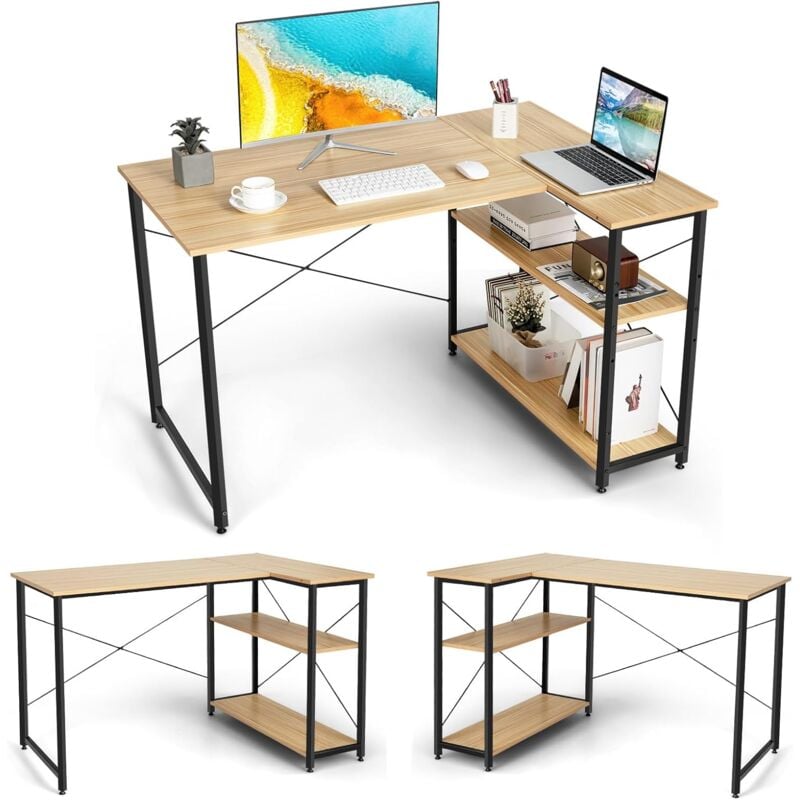 Costway - Bureau d'angle en Forme l Réversible, Poste de Travail avec Étagères de Rangement, 120 x 88 x 74,5 cm, Peu Encombrant, pour Maison, Bureaux