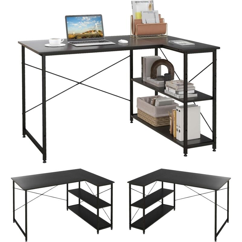 COSTWAY Bureau d'angle en Forme L Réversible, Poste de Travail avec Étagères de Rangement, 120 x 88 x 74,5 cm, Peu Encombrant, pour Maison, Bureaux