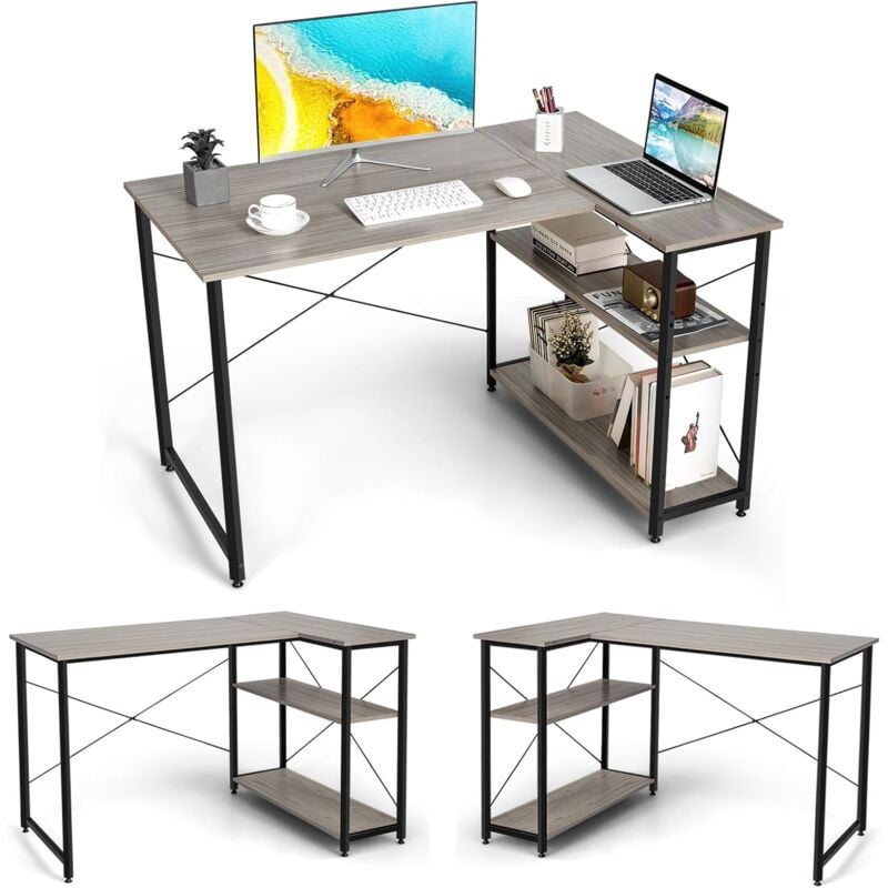 Costway - Bureau d'angle en Forme l Réversible, Poste de Travail avec Étagères de Rangement, 120 x 88 x 74,5 cm, Peu Encombrant, pour Maison, Bureaux