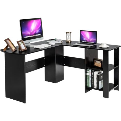 Costway – Bureau d'angle en L avec étagères de rangement – 130 x 130 x 72,5 cm – 2 passe-câbles – Panneaux de particules – Patins antidérapants