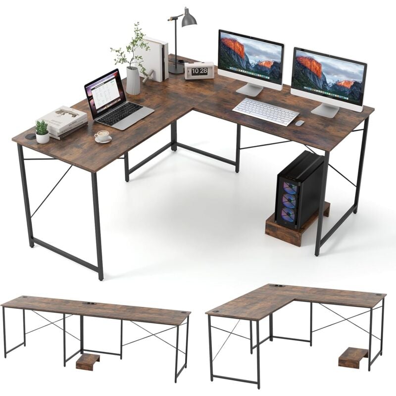 Costway - Bureau d'angle en l Réversible avec Multiprise 2 Prises & 2 Ports usb, 150x150x75 cm, Poste de Travail pour 2 Personnes avec Support