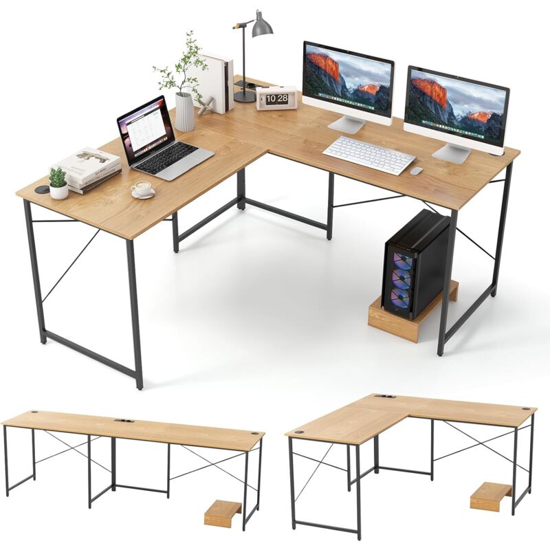 Costway - Bureau d'angle en l Réversible avec Multiprise 2 Prises & 2 Ports usb, 150 x 150 x 75 cm, Poste de Travail pour 2 Personnes avec Support
