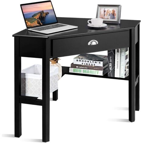 COSTWAY Bureau d'Angle Informatique Contemporain pour PC / Ordinateur Poste de Travaile avec Etagères et Tiroir Noir