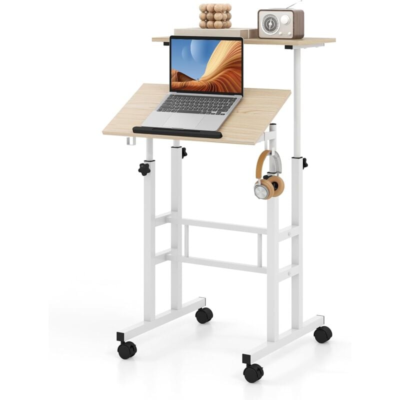 Bureau Debout Mobile, Chariot pour Ordinateur Portable à Hauteur Réglable avec Plateau Angle Ajustable, 2 Crochets Amovibles et roulettes