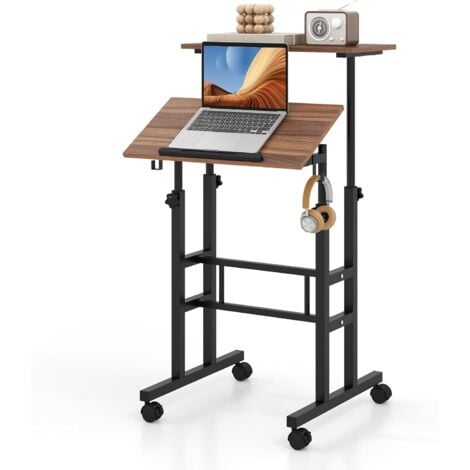 COSTWAY Bureau Debout Mobile, Chariot pour Ordinateur Portable à Hauteur Réglable avec Plateau Angle Ajustable, 2 Crochets Amovibles et roulettes Verrouillables pour Bureau (Noir + Noyer)
