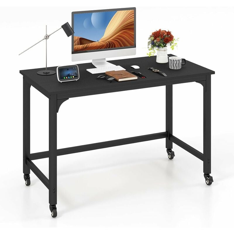 costway - bureau d'ordinateur roulant 120 cm, bureau informatique mobile avec cadre en métal, table de travail pour salon, bureau, chambre, noir