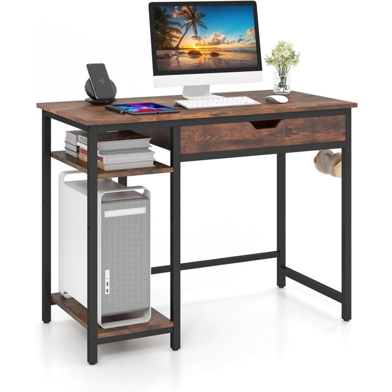 Costway - Bureau d'Ordinateur 100 x 50 cm, Bureau Informatique avec Grand Tiroir de Rangement et 2 Étagères Ouvertes Réglable, Support uc, 2