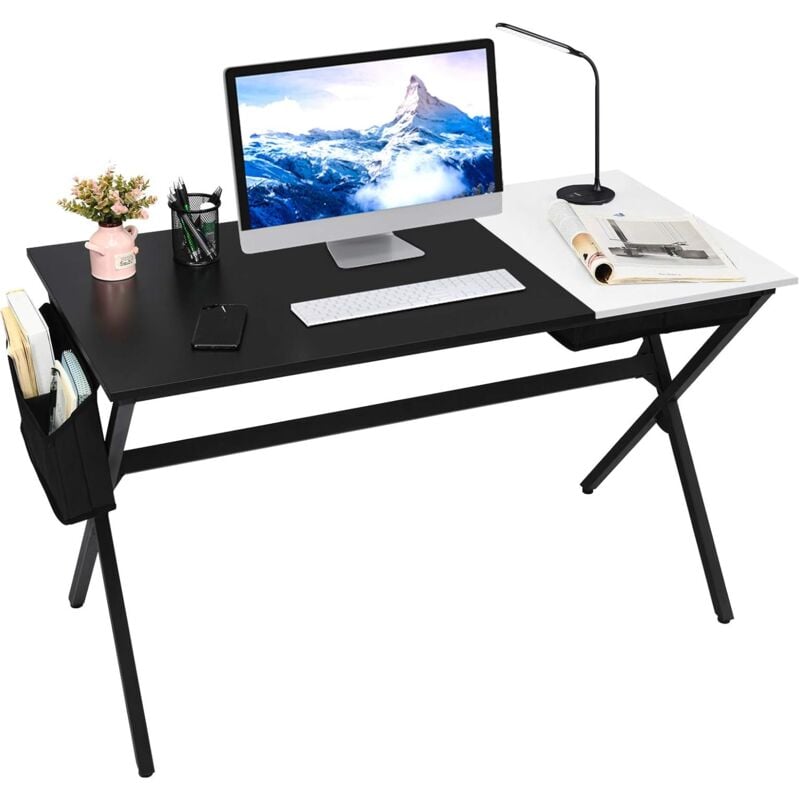 Bureau avec Plateau Blanc Rabattable 120 x 60 cm, Table d'Ordinateur avec Espace de Rangement Caché, Sac de Rangement Latéral, Postes de Travail pour