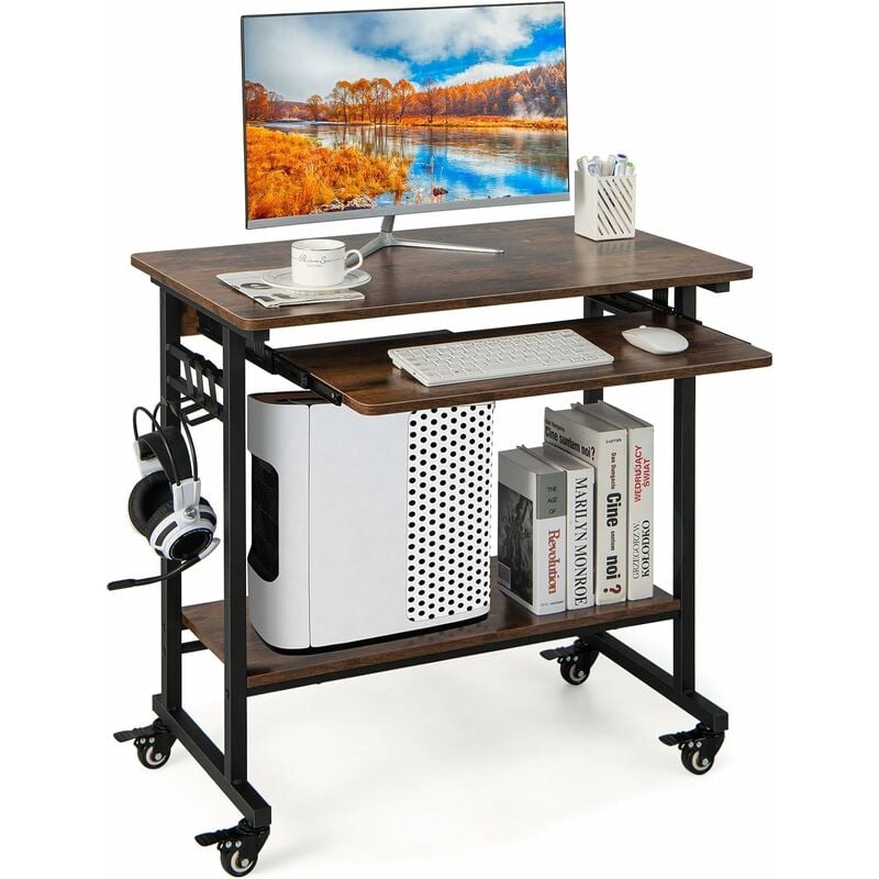 costway - bureau d'ordinateur à roulettes, bureau informatique mobile avec plateau clavier extractible, 3 crochets, étagère de rangement, pour bureau