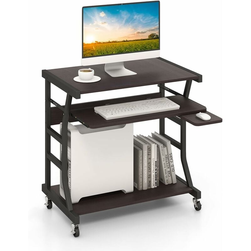 bureau d'ordinateur à roulettes, bureau informatique mobile avec plateau clavier extractible,75 x 50 x 75 cm, étagère de rangement inférieure, marron
