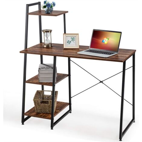 COSTWAY Bureau d'Ordinateur avec 4 Étagères de Rangement Bureau Informatique Cadre Métal en Forme de X Patin Réglable 98 x 50 x 118CM pour Bureau,Domicile (Marron Rustique)