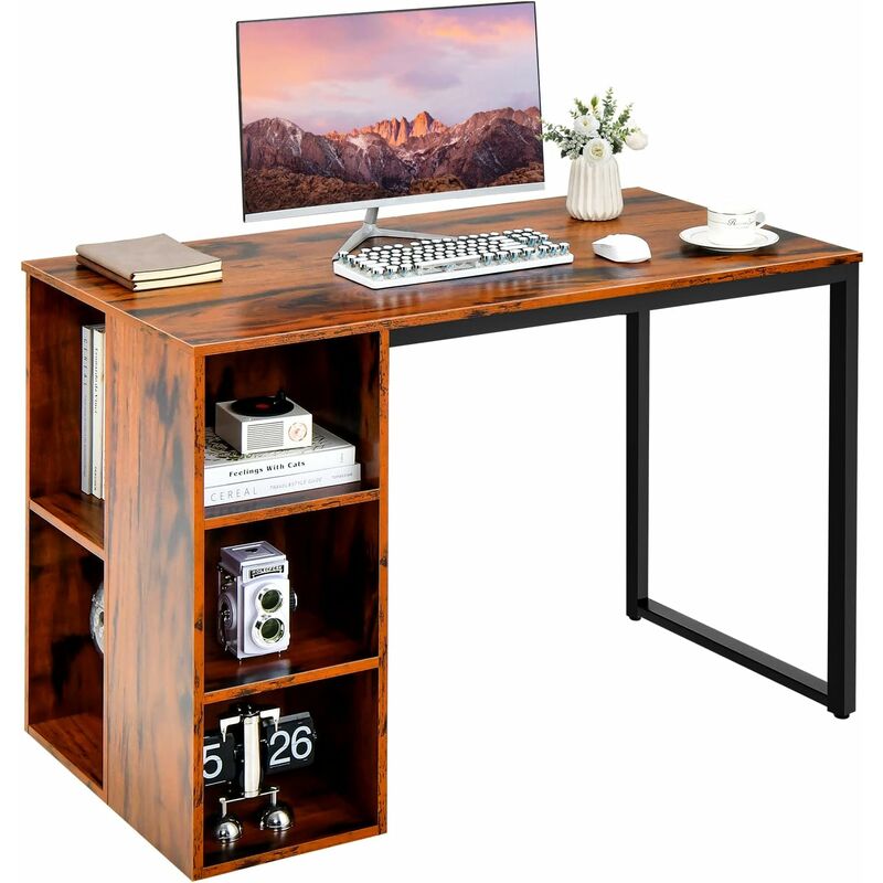 costway - bureau d'ordinateur avec bibliothèque, bureau informatique avec 5 compartiments, cadre en métal, table d'ordinateur pour bureau, chambre,