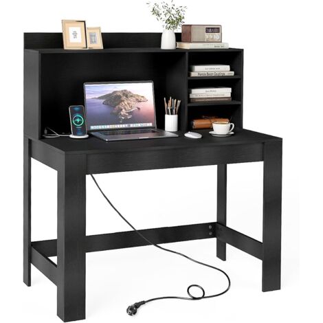 COSTWAY Bureau d'Ordinateur avec Bibliothèque, Table d'Étude avec Prise et USB Intégrée, Passe-câbles, Table Moderne avec Étagères de Rangement pour Chambre, Salle d'Étude, Bureau (Noir)