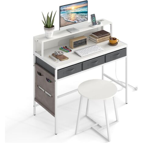 COSTWAY Bureau dOrdinateur avec Étagère et Tabouret, Petit Bureau Informatique avec 3 Tiroirs de Rangement et Poche Latérale, Coiffeuse, Idéal pour Bureau à Domicile, Chambre, Salon (Blanc)