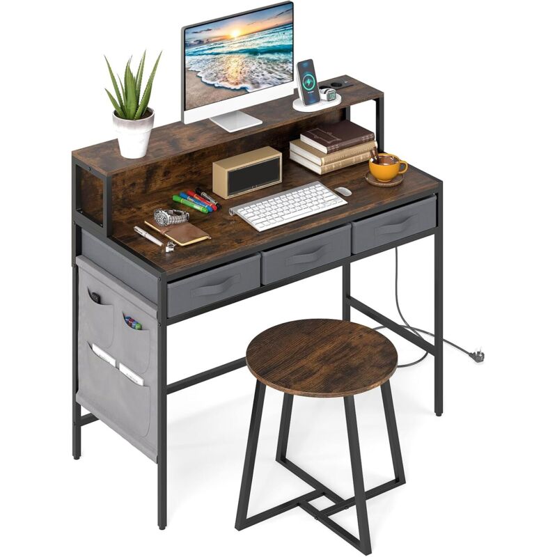 COSTWAY Bureau dOrdinateur avec Étagère et Tabouret, Petit Bureau Informatique avec 3 Tiroirs de Rangement et Poche Latérale, Coiffeuse, Idéal pour COSTWAY Bureau dOrdinateur avec Étagère et Tabouret, Petit Bureau Informatique avec 3 Tiroirs de Rangement et Poche Latérale, Coiffeuse, Idéal pour