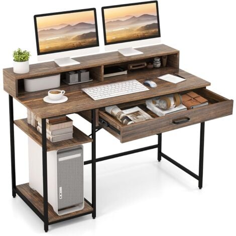 COSTWAY Bureau d'Ordinateur avec Étagère pour Moniteur, Bureau Informatique avec Tiroir de Rangement et 2 Étagères Ouvertes, Support UC, Style Industriel, 120 x 56 x 90,5 cm, Marron