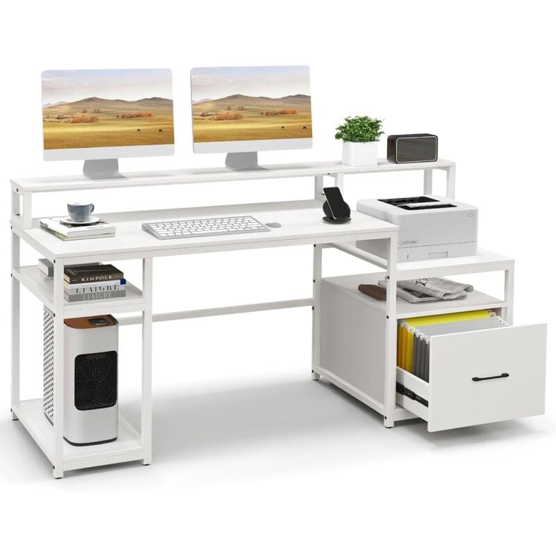 Costway - Bureau d'Ordinateur avec Étagère pour Moniteur, Poste de Travail Informatique avec Tiroir de Rangement et 4 Étagères Ouvertes, Support uc,