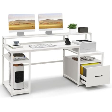 COSTWAY Bureau d'Ordinateur avec Étagère pour Moniteur, Poste de Travail Informatique avec Tiroir de Rangement et 4 Étagères Ouvertes, Support UC, Support d’Imprimante, Blanc