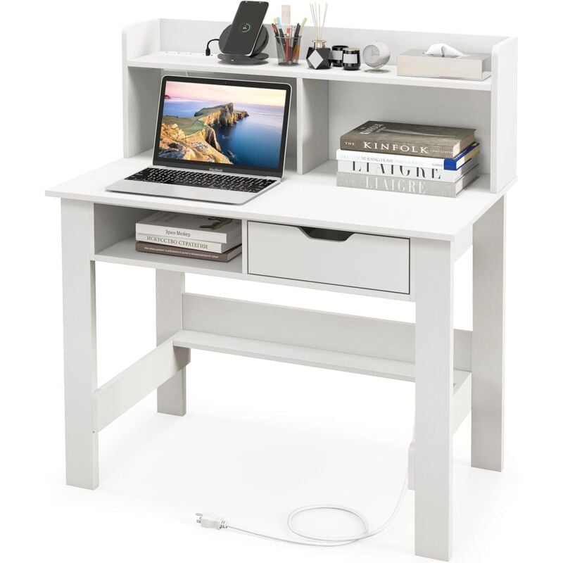 Costway - Bureau d'Ordinateur avec Prises de Courant et Ports usb & Type-C, Bureau avec Rangement, Étagère Ouverte & Tiroir, pour Bureau à Domicile,