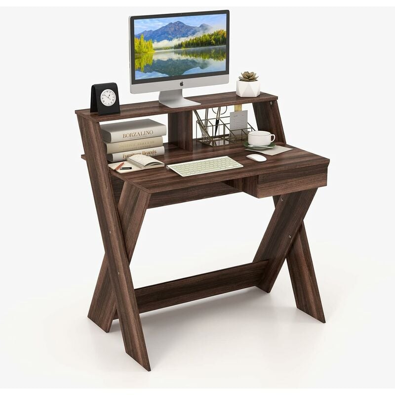 costway - bureau d'ordinateur avec tiroir, bureau informatique en forme de x avec support d'écran, repose-pieds, table de bureau pour étudier, jouer,