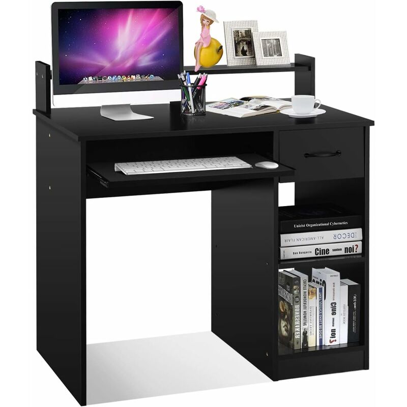 Costway Bureau D Ordinateur Bureau D Ecriture Avec Tiroir De Rangement Et 2 Etageres Plateau A Clavier Coulissant Pour Maison Bureau Salle D Etude Poste De Travail Noir Hw63331 New