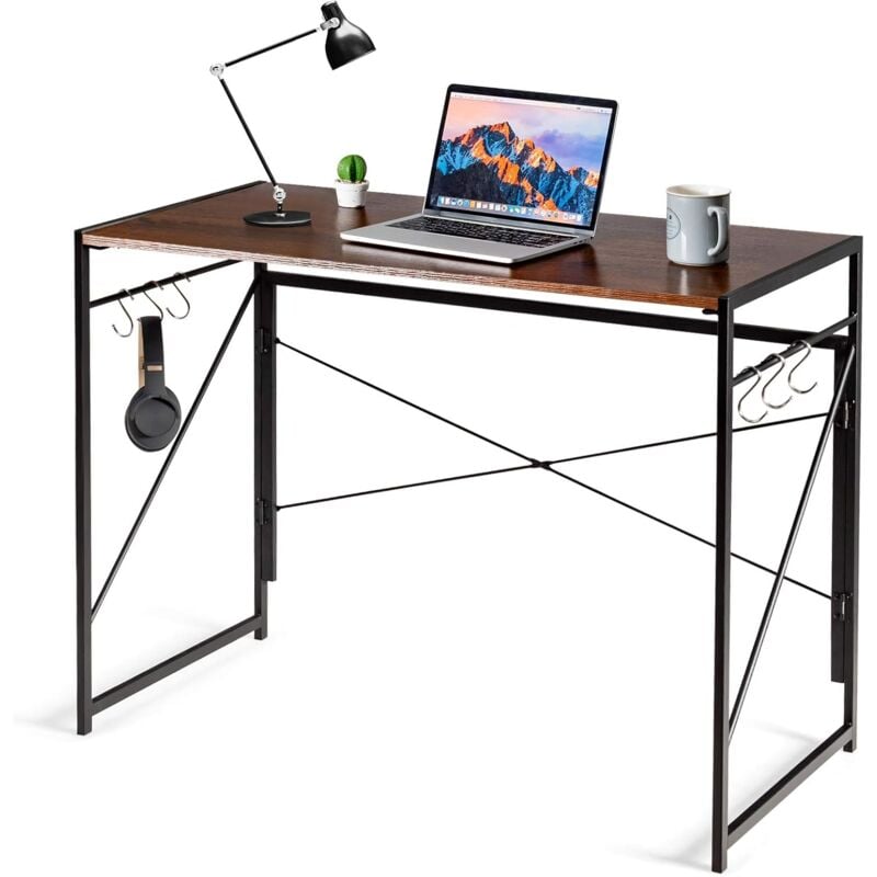 Bureau d'Ordinateur Pliant 100 x 50 cm, Table de Bureau Cadre en Métal, 6 Crochets en Forme de s, Charge 115kg Style Industriel/Moderne (Marron)
