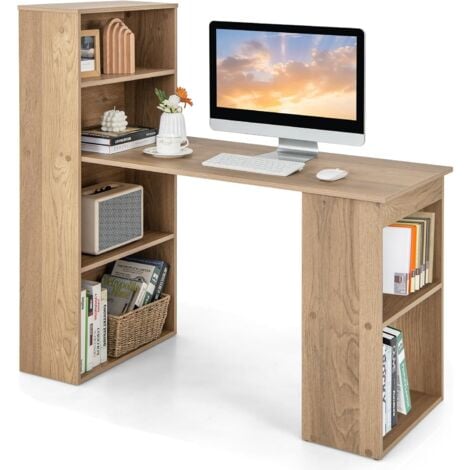 COSTWAY Bureau d'Ordinateur Réversible avec Bibliothèque, Poste de Travail Moderne avec Étagères de Rangement à 6 Niveaux, Assemblage Facile, pour Maison, Bureaux (Naturel)