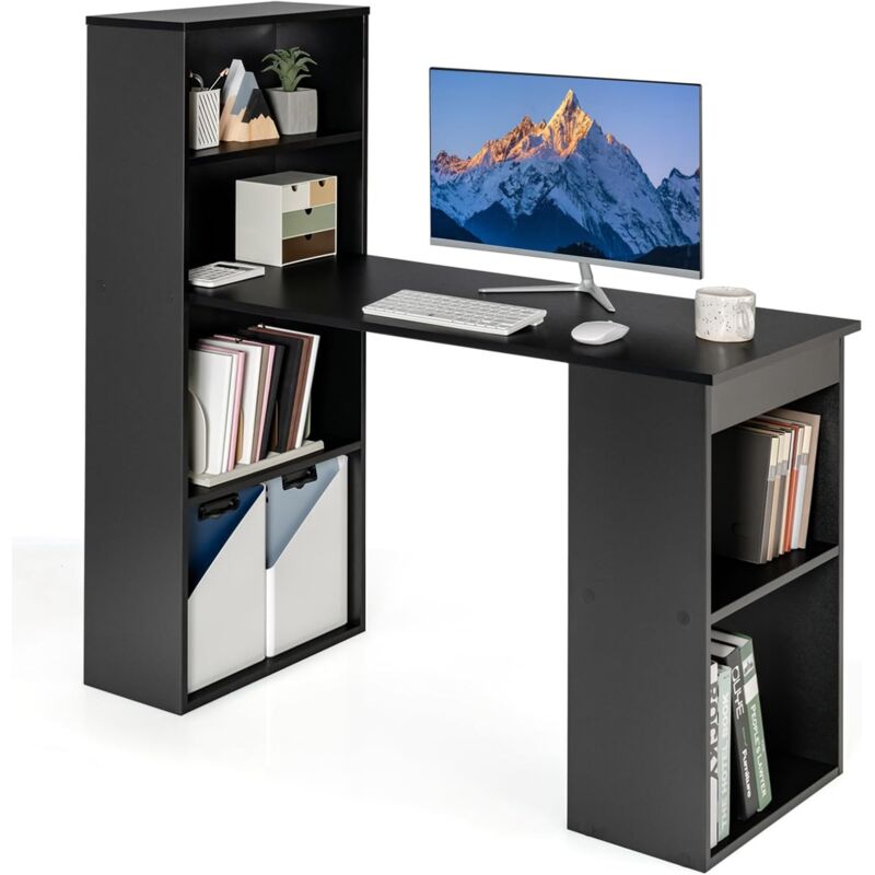 COSTWAY Bureau d'Ordinateur Réversible avec Bibliothèque, Poste de Travail Moderne avec Étagères de Rangement à 6 Niveaux, Assemblage Facile, pour