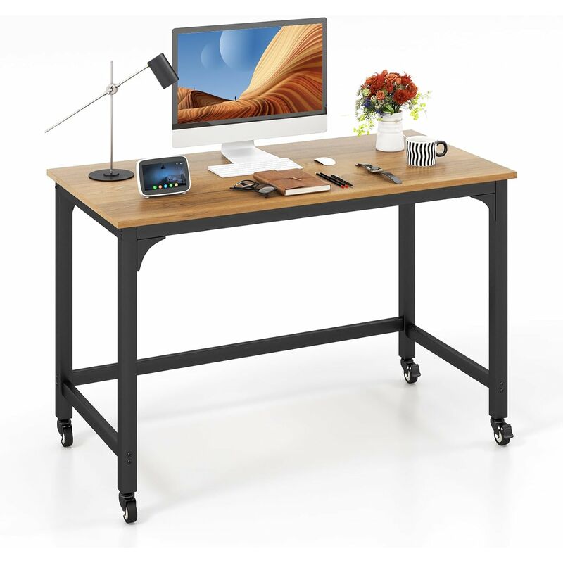 bureau d'ordinateur roulant 120 cm, bureau informatique mobile avec cadre en métal, table de travail pour salon, bureau, chambre, naturel - costway